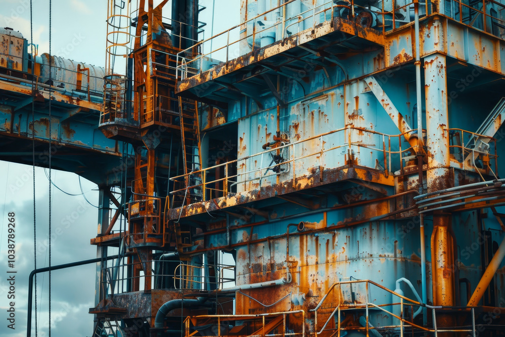 An oil rig shows its aged metal surfaces and rust as it stands amidst a cloudy sky. The structure reflects years of use and the impact of harsh marine conditions An oil rig shows its aged metal surfaces and rust as it stands amidst a cloudy sky. The structure reflects years of use and the impact of harsh marine conditions