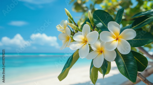 A blooming frangipani tree against the backdrop of a sandy beach and crystal clear turquoise ocean