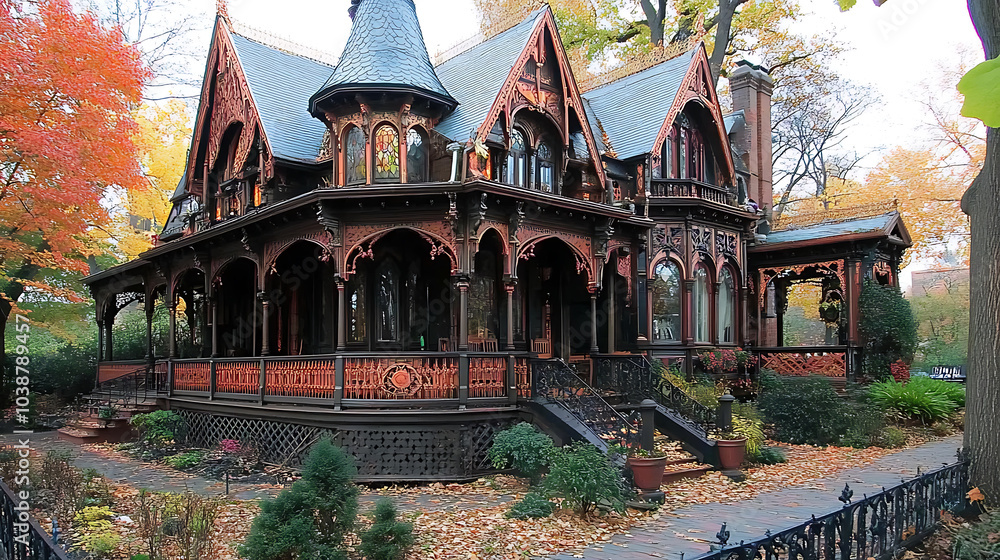 charming Victorian style house with intricate woodwork and wraparound porch, surrounded by vibrant autumn foliage. architectural details and seasonal colors create picturesque scene charming Victorian style house with intricate woodwork and wraparound porch, surrounded by vibrant autumn foliage. architectural details and seasonal colors create picturesque scene