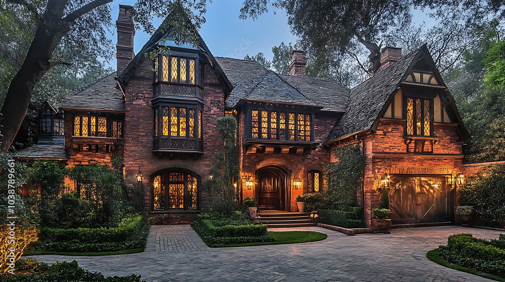 elegant Tudor style house with intricate woodwork, surrounded by lush greenery and soft evening lighting, creating warm and inviting atmosphere elegant Tudor style house with intricate woodwork, surrounded by lush greenery and soft evening lighting, creating warm and inviting atmosphere