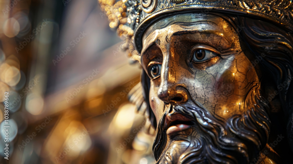 Obraz premium A gold statue of Jesus with a crown on his head