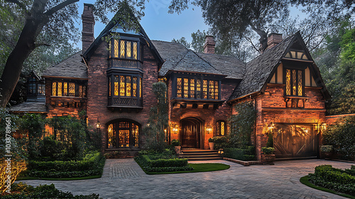 elegant Tudor style house with intricate woodwork, surrounded by lush greenery and soft evening lighting, creating warm and inviting atmosphere photo