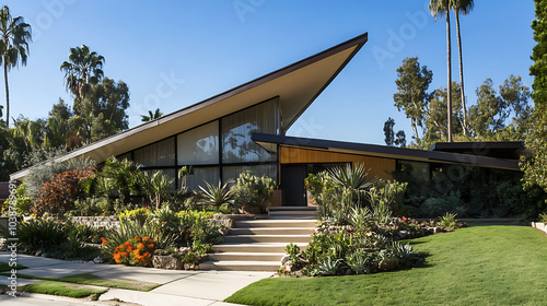 elegant Mid Century Modern house featuring unique architectural design, surrounded by lush greenery and vibrant landscaping, creating serene atmosphere