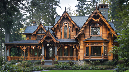 Victorian style house with decorative gable and intricate woodwork, surrounded by lush greenery. This stunning architecture showcases elegance and charm