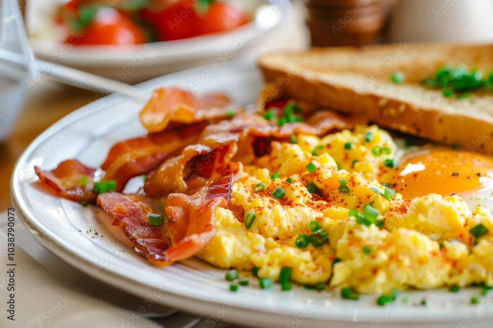 A plate of breakfast food with bacon, eggs, and toast A plate of breakfast food with bacon, eggs, and toast