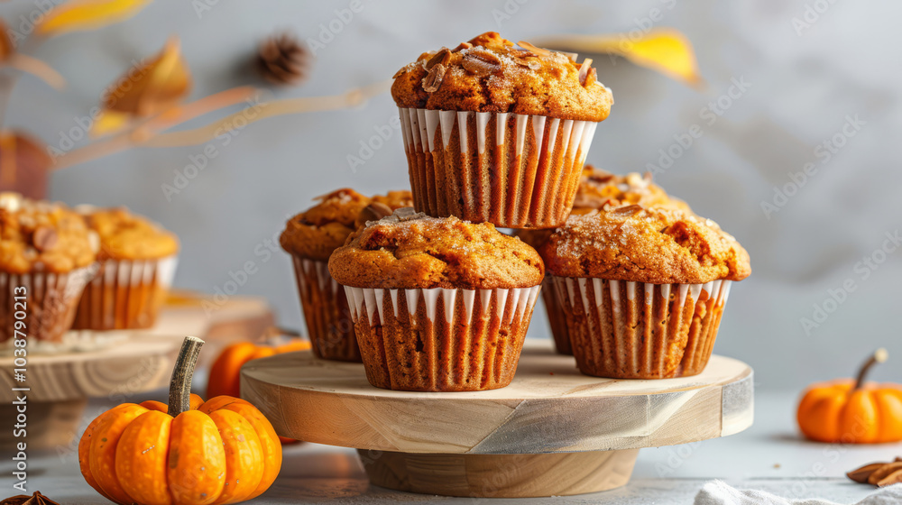 Freshly baked pumpkin muffins on wooden stands, surrounded by autumn decor, perfect for cozy fall celebrations Freshly baked pumpkin muffins on wooden stands, surrounded by autumn decor, perfect for cozy fall celebrations
