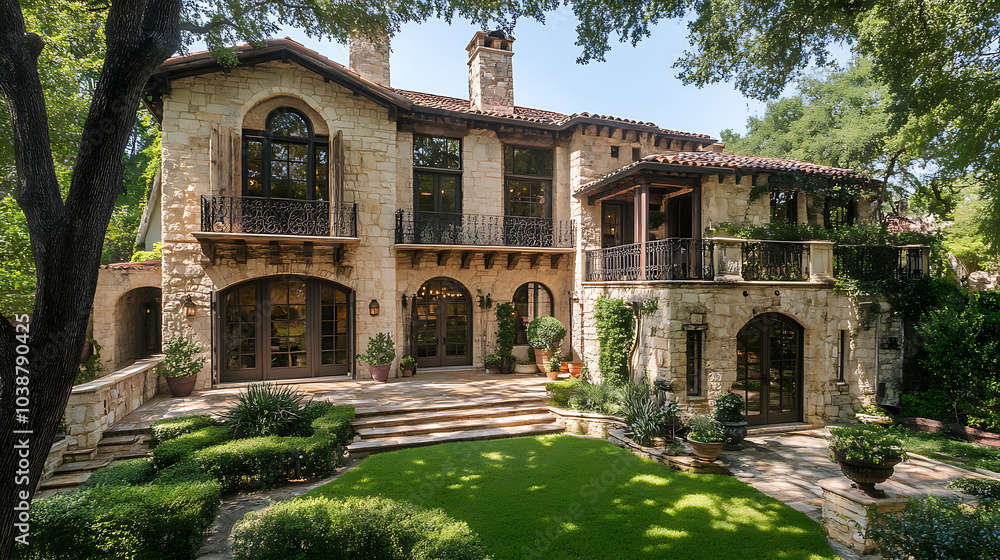 Obraz premium Elegant Mediterranean style home with stone facade, featuring lush greenery and beautifully landscaped garden. This stunning residence showcases intricate architectural details and welcoming