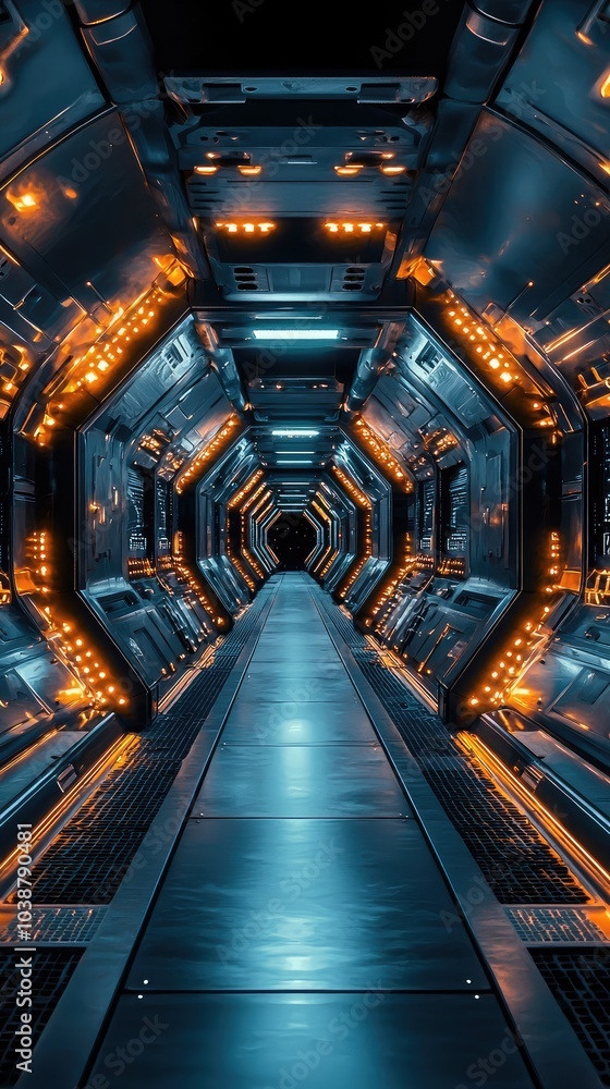 Fototapeta premium Futuristic Metallic Corridor in a Spaceship Interior