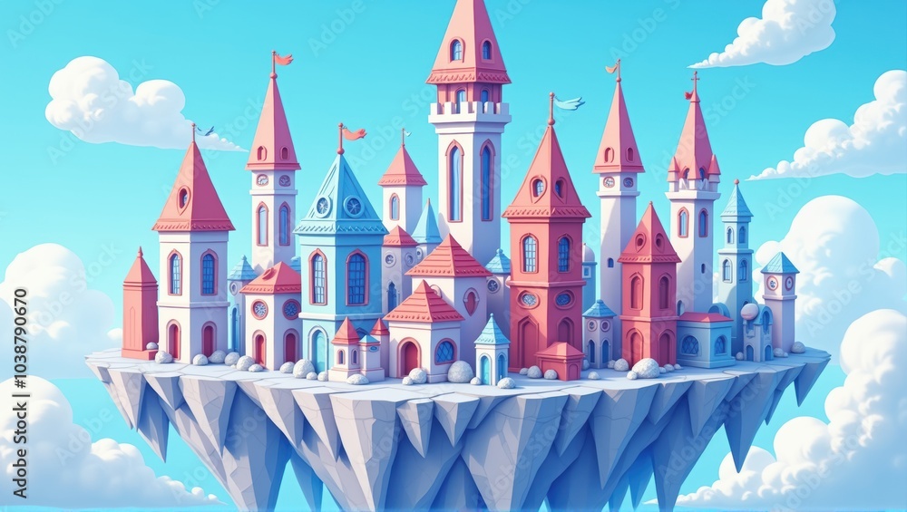 Fototapeta premium Generative, AI, A whimsical castle floating on an island in the sky, with vibrant blues and pinks.