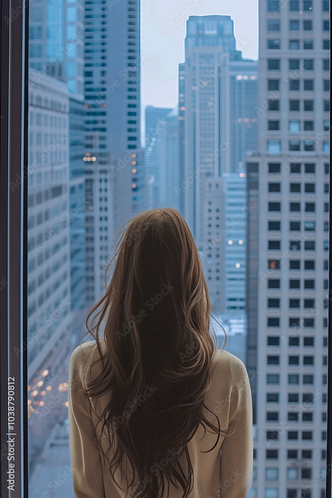 Woman Looking Out at a Skyscraper-Filled Cityscape Through a High-Rise Window Woman Looking Out at a Skyscraper-Filled Cityscape Through a High-Rise Window