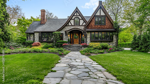 charming Tudor style house with stone pathway leading to welcoming entrance, surrounded by lush greenery and vibrant flowers, creating picturesque and inviting atmosphere photo