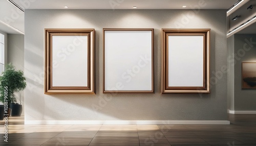 Modern gallery interior with empty frames on walls. 3D Rendering