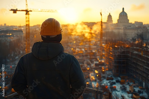 a construction site manager standing on scaffolding or an elevated platform, looking out over an active construction site. active construction site, construction leadership, project execution