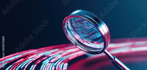 High-tech SEO concept with a magnifying glass and illuminated data, illustrating digital marketing analysis and optimization techniques
