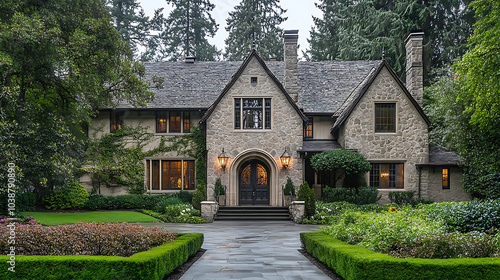 charming Tudor style house with welcoming entrance, surrounded by lush greenery and vibrant flowers, creates serene and inviting atmosphere photo