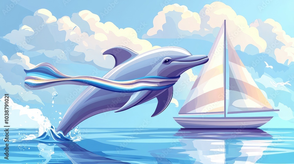 Graceful Dolphin Swimming with Striped Scarf Graceful Dolphin Swimming with Striped Scarf
