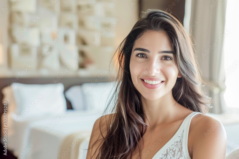 Smiling Young Woman with Long Hair Relaxing in a Bright and Cozy Bedroom Smiling Young Woman with Long Hair Relaxing in a Bright and Cozy Bedroom