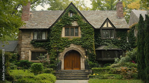 Tudor style house adorned with climbing ivy, featuring intricate stonework and welcoming wooden door. lush garden enhances its charming appearance photo