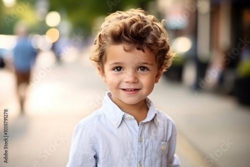 Portrait of a cute little boy smiling at the camera in the city