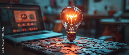 banner of settings icon, coins and dollar bills, light bulb, laptop, bar chart icon on the puzzle pieces. project management and finance