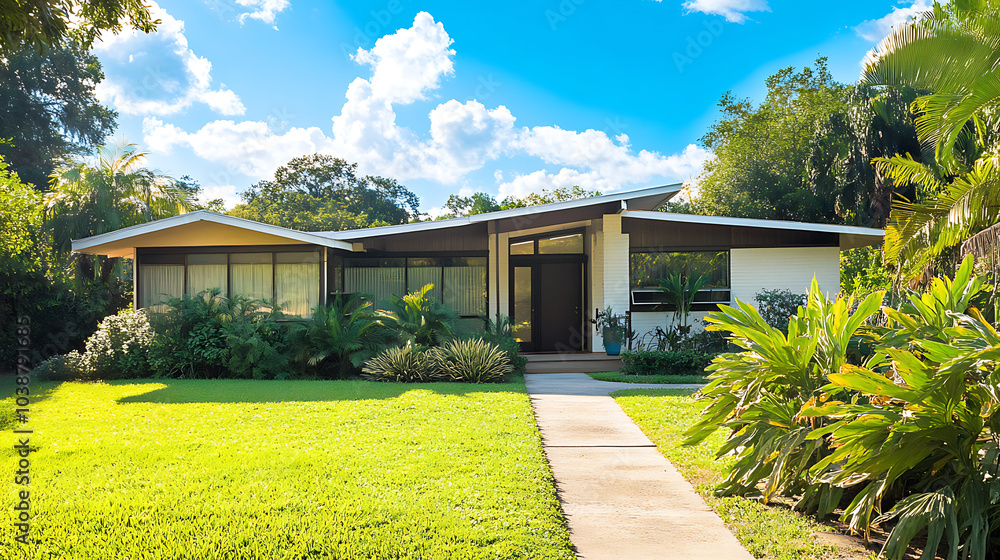 Fototapeta premium serene Mid Century Modern house surrounded by lush greenery and vibrant plants, showcasing beautiful lawn and clear blue skies. architectural design blends harmoniously with nature