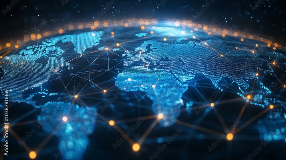 Digital World Map with Network Connections and Glowing Points Digital World Map with Network Connections and Glowing Points