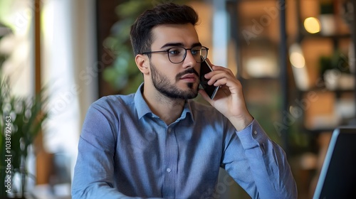 Man in Blue Shirt Talking on the Phone in a Cafe