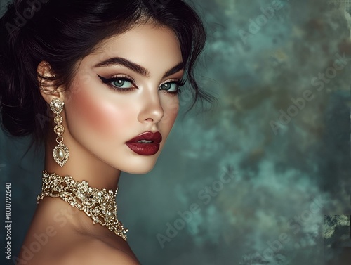 Fashion portrait of elegant woman with bold makeup and diamond jewelry. 