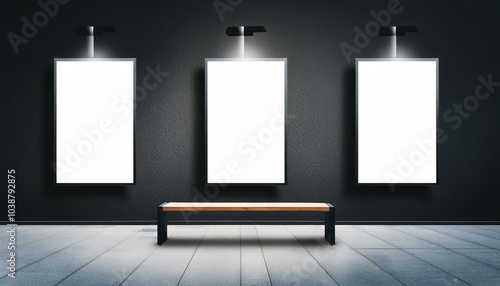 Perspective view on a bench on concrete floor in front of three blank white illuminated screens with place for your advertising text on dark wall background in gallery hall. 3D rendering, mock up