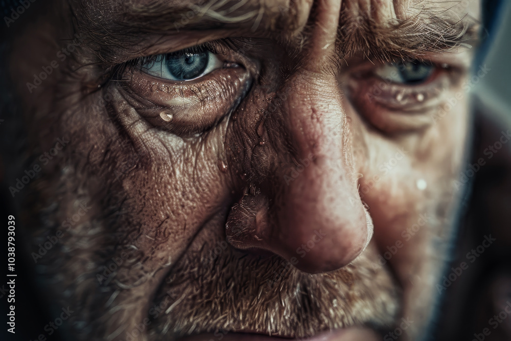 A man with a beard and blue eyes is crying A man with a beard and blue eyes is crying