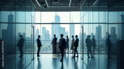 Blurred silhouettes of business people in a modern office setting. The background features large windows with a city view.