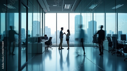 Blurred silhouettes of business people in a modern office setting. The background features large windows with a city view.