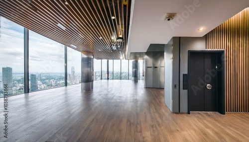 Stylish business center hall with black elevator  wooden parquet floor and city view from glass wall. 3D rendering.