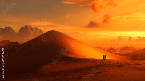 Two travelers at the base of a vast desert dune during a dramatic sunset, bathed in warm orange glow, symbolizing exploration, self-discovery, adventure, solitude, and connection with nature