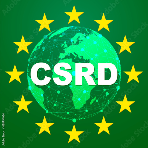 CSRD Corporate Sustainability Reporting Directive concept, CO2 emissions reduction, financial reporting standards regarding sustainability disclosures, auditing