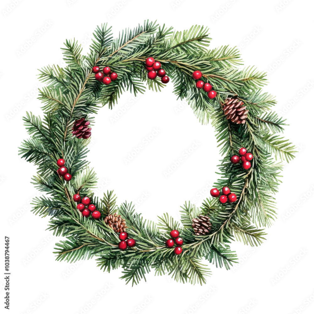 A Christmas wreath made of pine branches and red berries, watercolor design, festive greens and reds, isolated on white background A Christmas wreath made of pine branches and red berries, watercolor design, festive greens and reds, isolated on white background