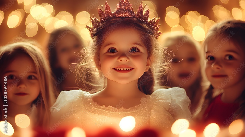 a warm and joyful Christmas party image. In the center of the picture is a little girl wearing a princess dress. Her costume is rich in details, and the lighting is warm yellow to simulate warm indoor a warm and joyful Christmas party image. In the center of the picture is a little girl wearing a princess dress. Her costume is rich in details, and the lighting is warm yellow to simulate warm indoor