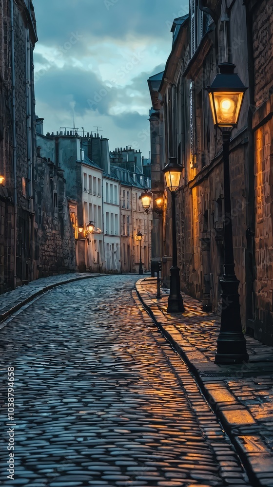 Fototapeta premium Vintage Cobblestone Street at Dusk with Lanterns