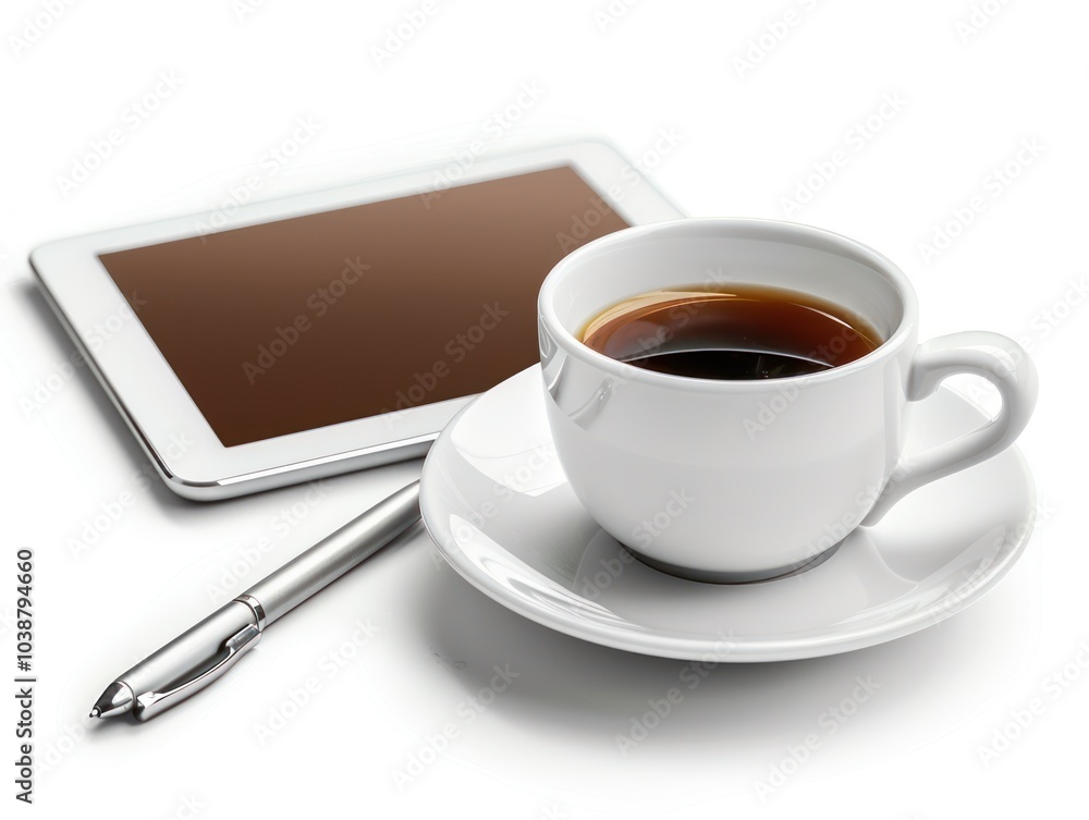 A stylish work desk setup with a tablet, a pen, and a coffee cup isolated on a white background A stylish work desk setup with a tablet, a pen, and a coffee cup isolated on a white background
