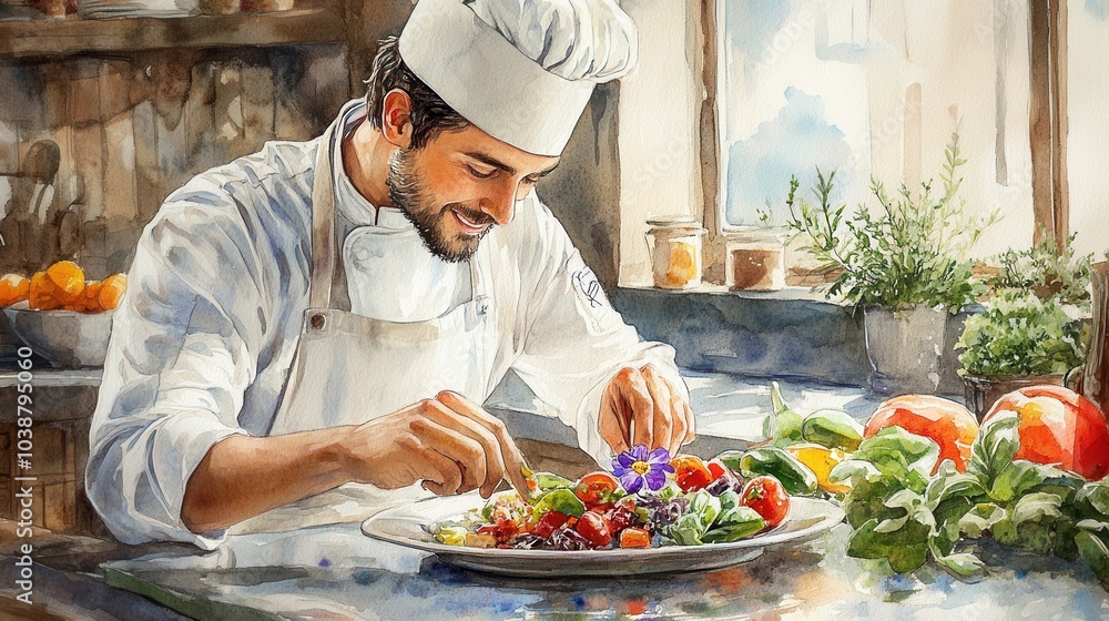 Chef Preparing a Colorful Salad in Cozy Kitchen Chef Preparing a Colorful Salad in Cozy Kitchen