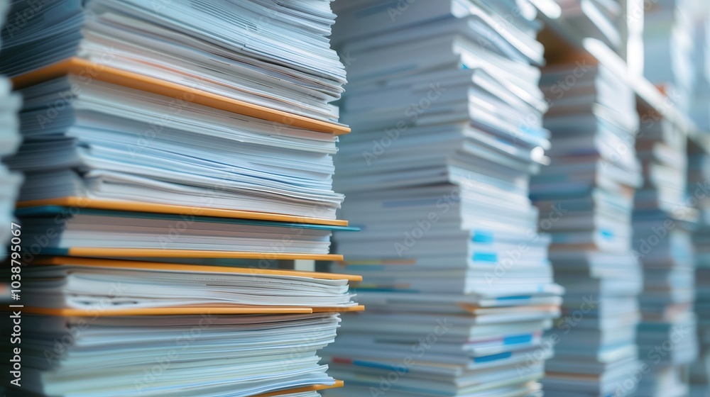 Debt Collection Agency Interior, organized office space filled with towering stacks of files, documents related to business debts, focused atmosphere on financial recovery Debt Collection Agency Interior, organized office space filled with towering stacks of files, documents related to business debts, focused atmosphere on financial recovery