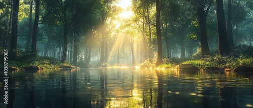 A serene forest scene with sunlight filtering through trees, reflecting softly on a calm water surface, creating a tranquil atmosphere.