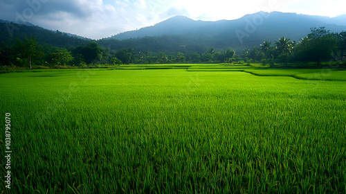 Vibrant rice paddy field in tropical countryside, surrounded by green hills and trees