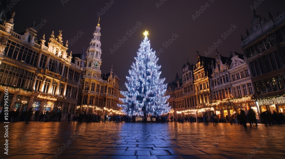 Fototapeta premium Festive Square's Sparkling Christmas Tree Lighting Up Generative AI