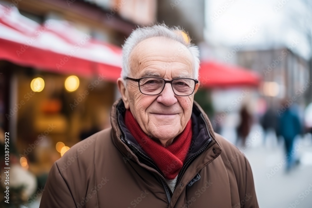 Portrait of a senior man with glasses on a Christmas market. Portrait of a senior man with glasses on a Christmas market.