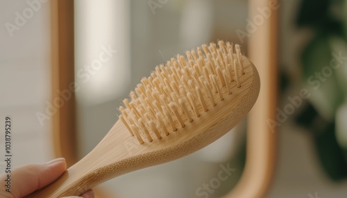 Person brushing their hair with a wooden hairbrush in front of a mirror, showing a self-care routine photo