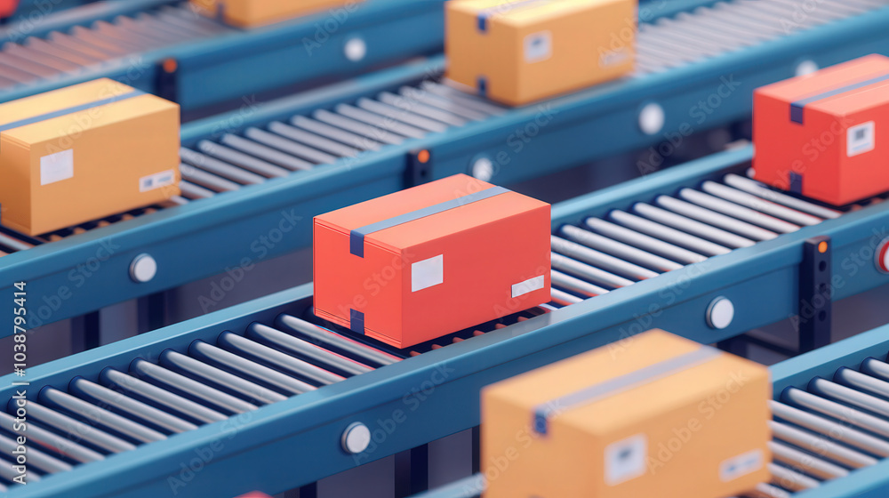 Efficient Warehouse Operations, a vibrant flat design illustration showcasing a fulfillment center with packed goods moving along a conveyor belt, highlighting logistics and organization. Efficient Warehouse Operations, a vibrant flat design illustration showcasing a fulfillment center with packed goods moving along a conveyor belt, highlighting logistics and organization.
