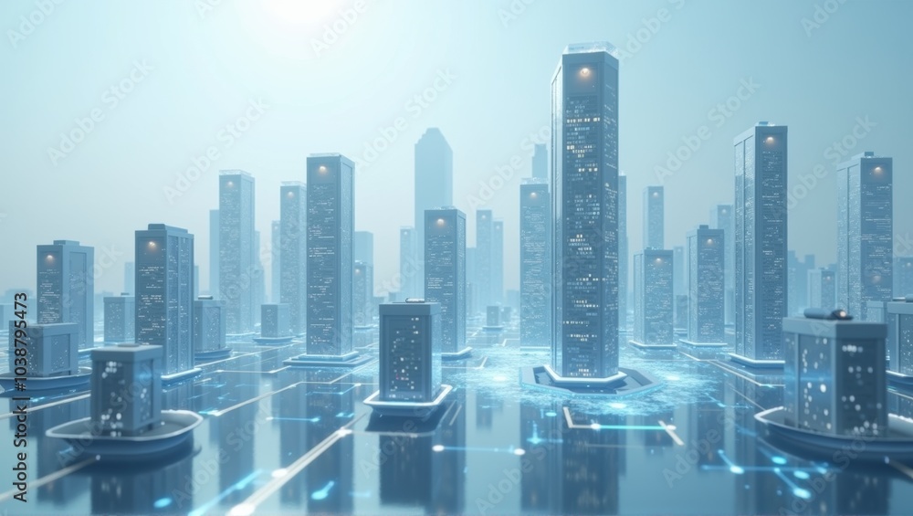 Generative, AI, Futuristic cityscape with blue tones, skyscrapers, glowing lines on roads, advanced urban architecture.
Generative, AI, Futuristic cityscape with blue tones, skyscrapers, glowing lines on roads, advanced urban architecture.