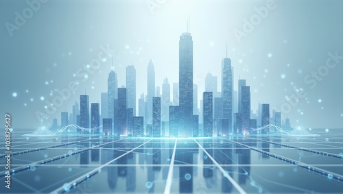 Generative, AI, Futuristic cityscape with blue tones, skyscrapers, glowing lines on roads, advanced urban architecture.