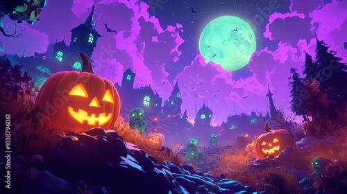 A Halloween night sky bursting with color, featuring neon orange pumpkins, purple witches, and vibrant green zombies under a full moon.